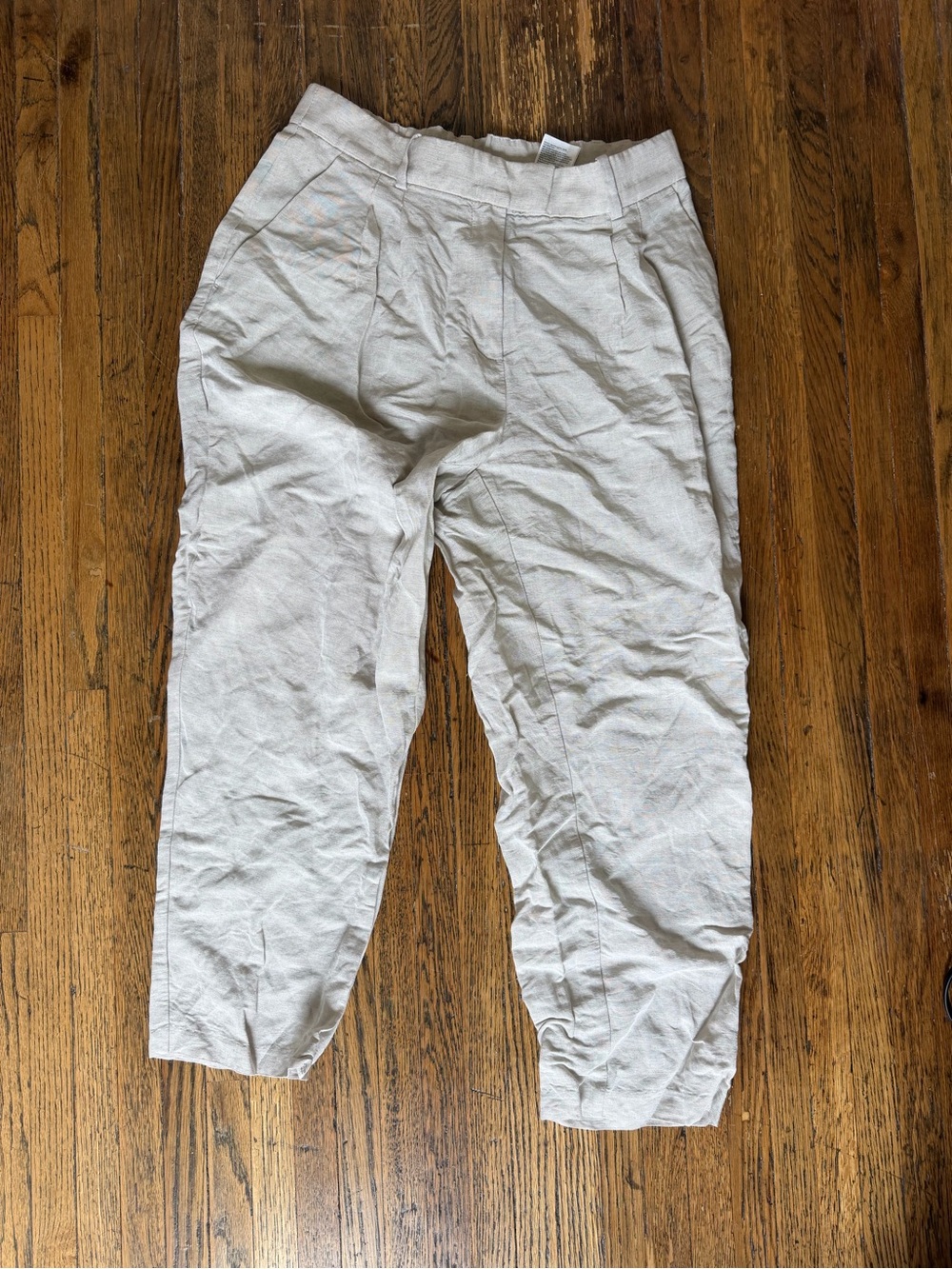 Beige Linen-Blend Tapered Pants